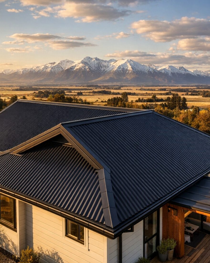 New Colorsteel long-run steel roof on a Canterbury home with the Southern Alps behind