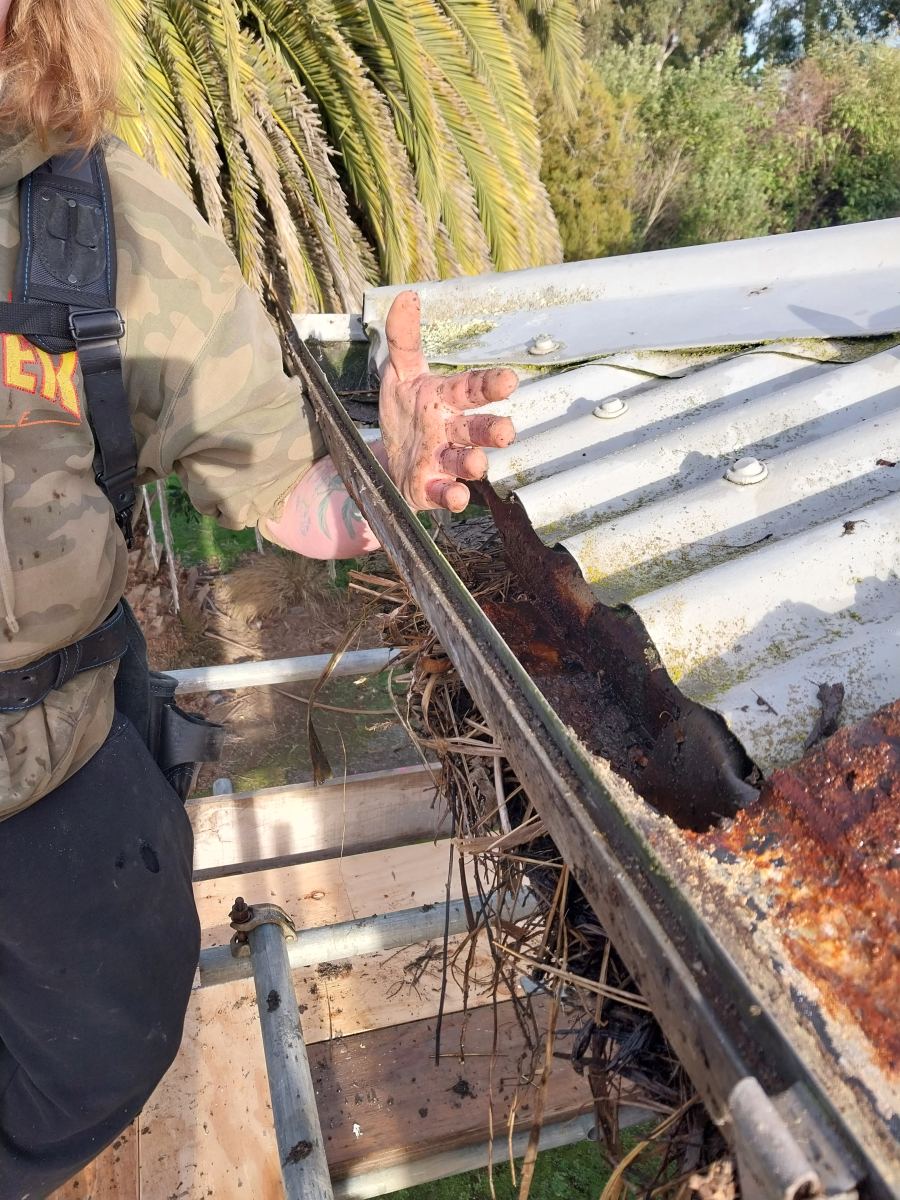 Roofer lifting the edge of an internal gutter that has corroded right through