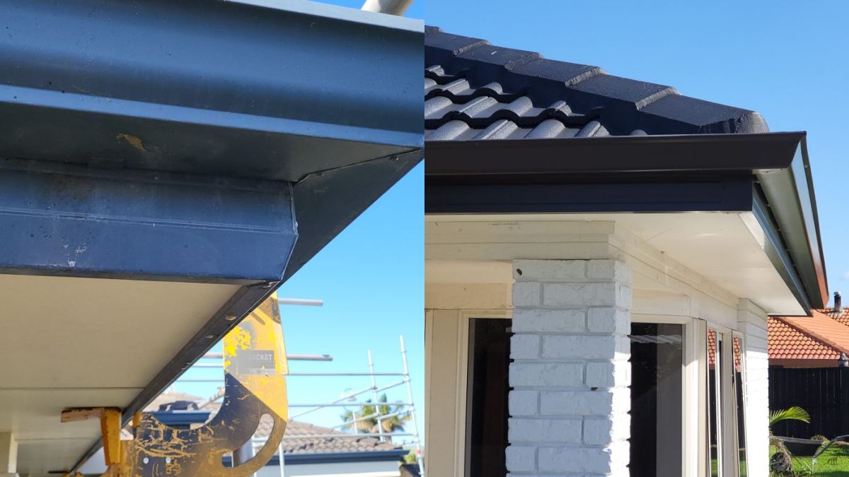 Old external continuous spouting, alongside a RIGS replacement