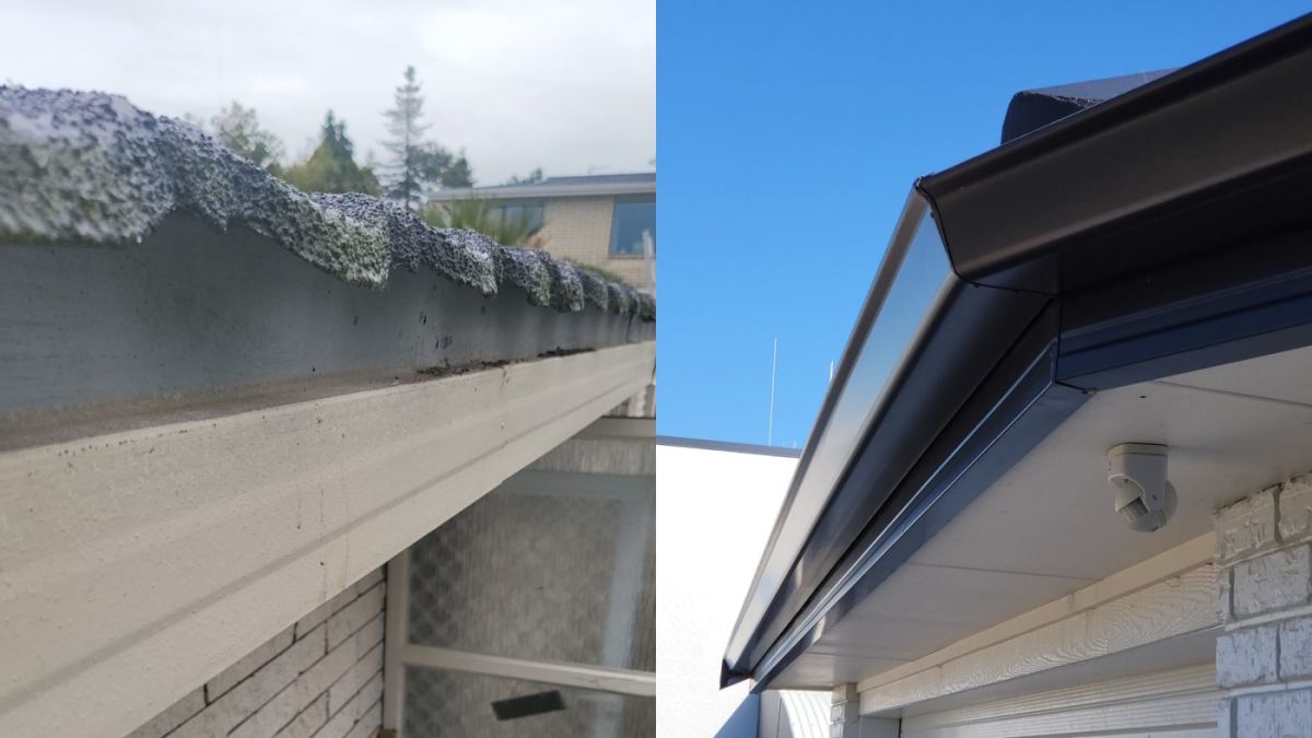 Old stepped metal fascia, alongside a completed RIGS upgrade