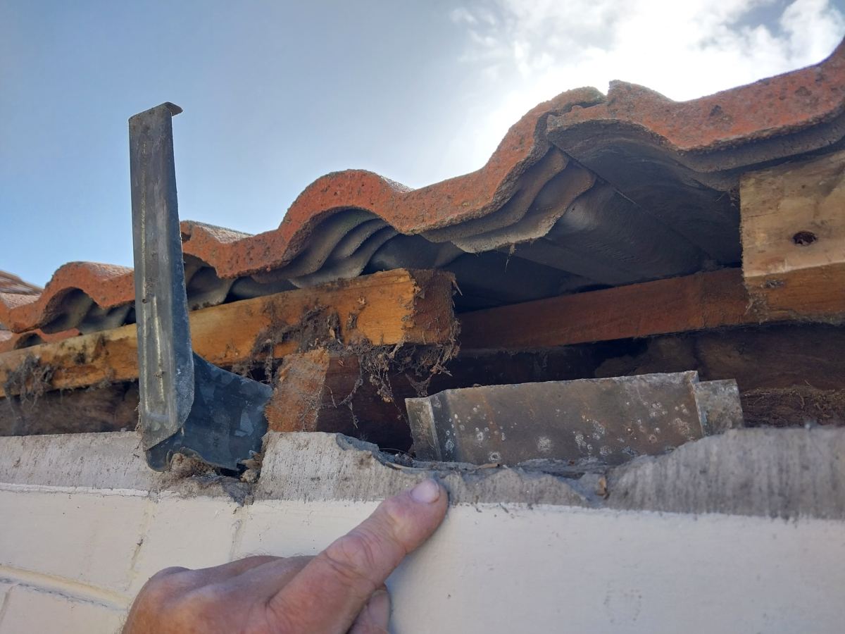 Rotted timber and packed debris exposed under roof tiles once the internal gutter was removed