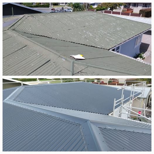 Before and after of a Blenheim reroof, old mossy roof to new steel