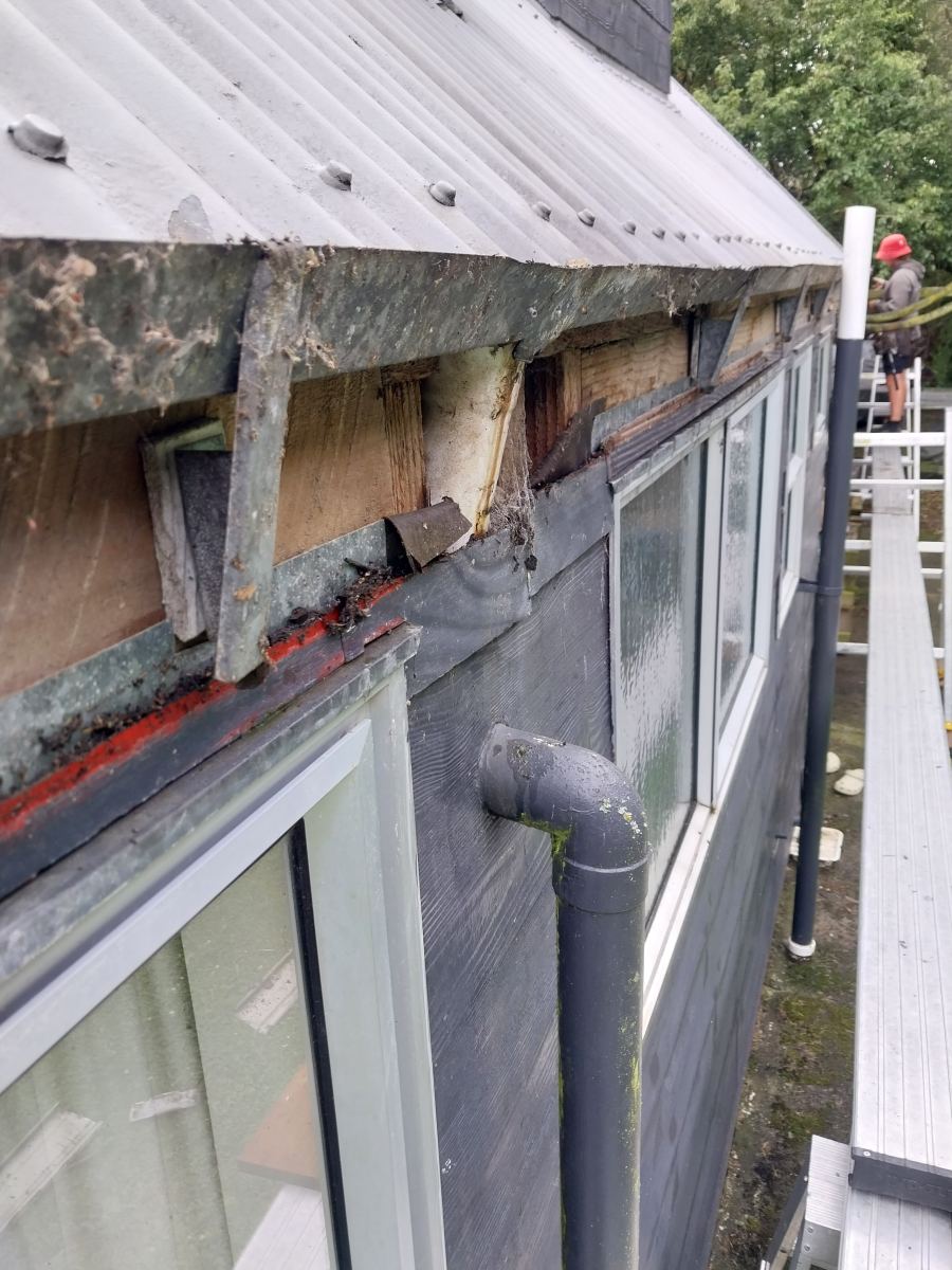 Corroded gutter outlet and rotted board behind the old fascia